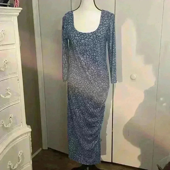 SKINNYGIRL Jeans Side Ruched Midi Pencil Dress blue leopard Sz large - Picture 1 of 5